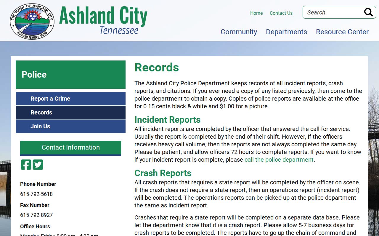 Ashland City Police arrest report and photograph records page