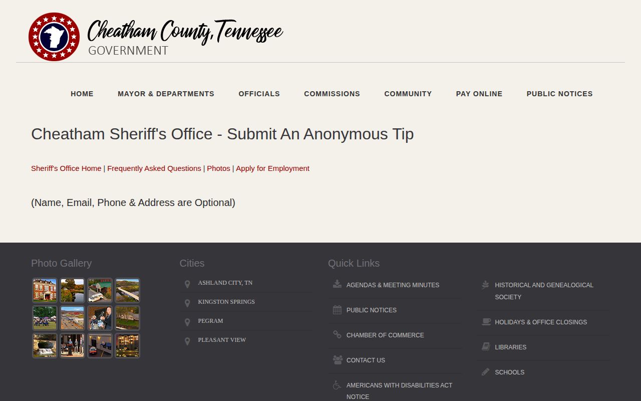 Cheatham County Sheriff warrant information and anonymous tip form