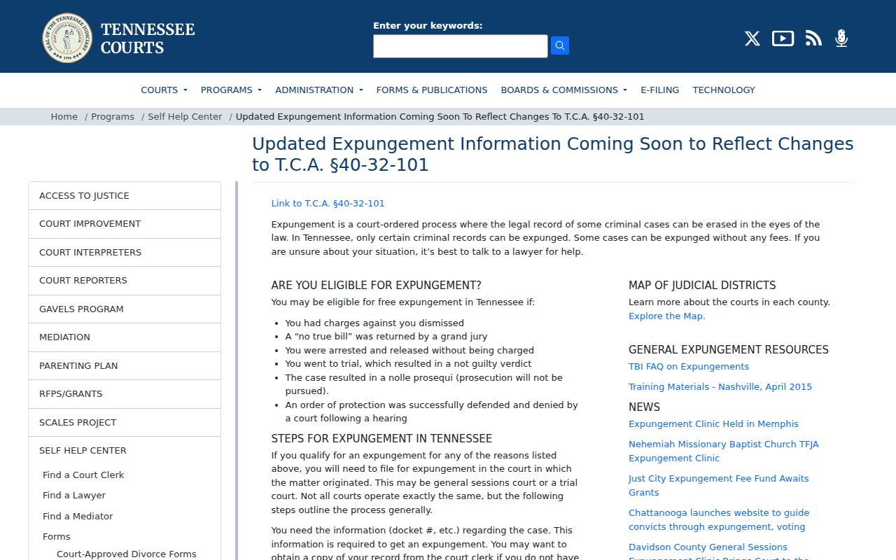 Tennessee court expungement guidance for Cheatham County arrest records